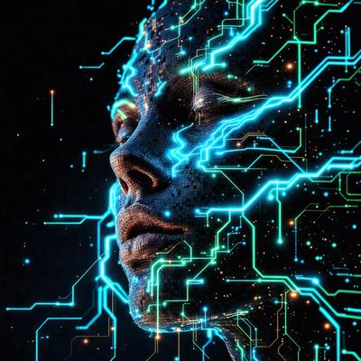 The primary subject of the image is a close-up of a person's face, with a focus on their eyes and the surrounding area. The setting is a dark room, and the visual style is a digital art or illustration. The colors and mood of the image are predominantly blue, creating a futuristic and mysterious atmosphere.